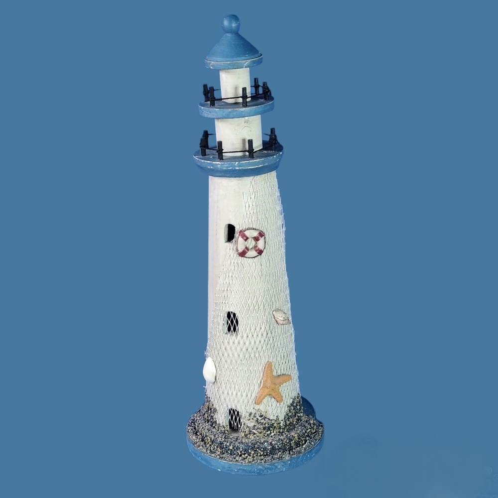 Coastal-Inspired Lighthouse Figurine – Wooden Nautical Sculpture Beachy Appeal